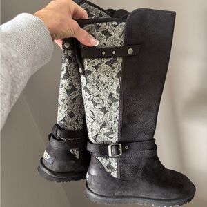 UGG Women's Black Suede and Cream Lace Boots, 7